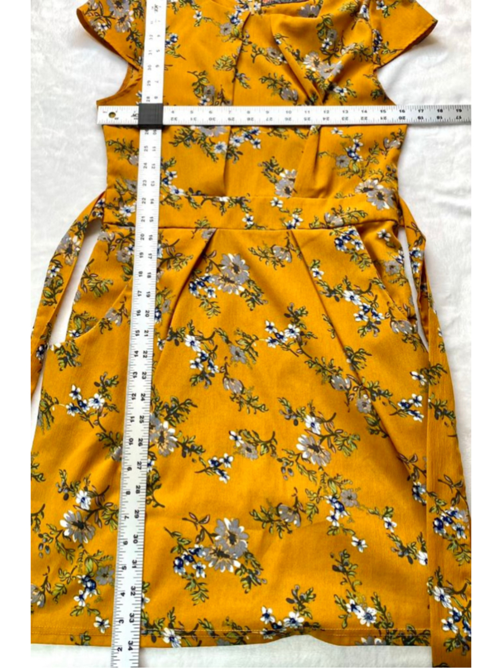 QED London Floral Dress Women UK 10/ US Sm Mustard Fit Flare Pockets Cottagecore - Picture 6 of 8